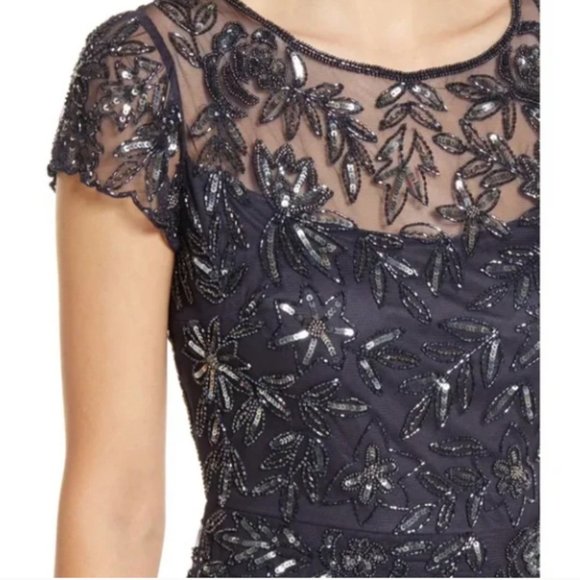 PISARRO NIGHTS BEADED MESH MOCK TWO-PIECE SLATE DRESS sz 2 - Picture 5 of 6